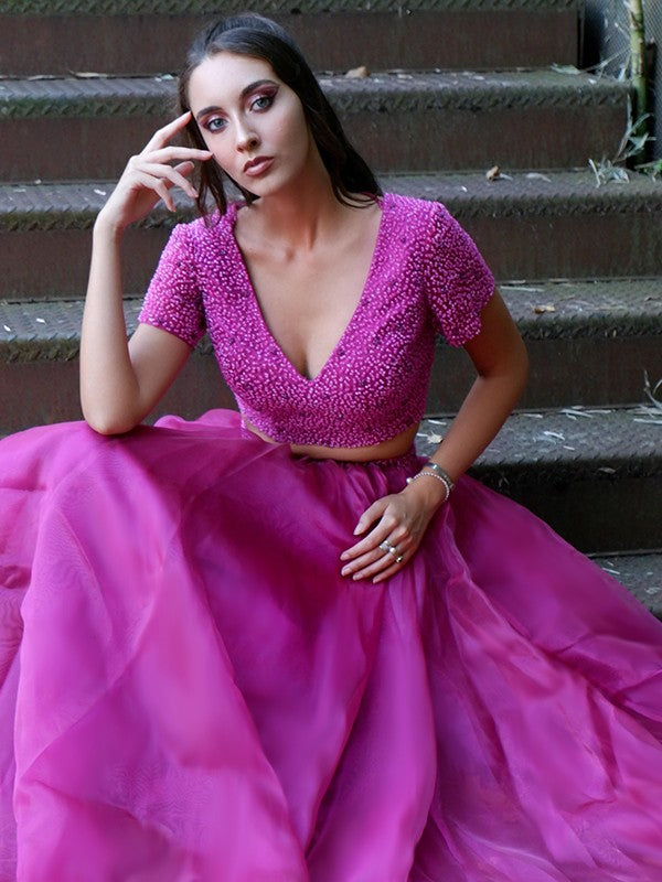 Vestido de fiesta de dos piezas de tul, corte princesa, escote en V, abalorios, mangas cortas, largo hasta el suelo, vestido de noche