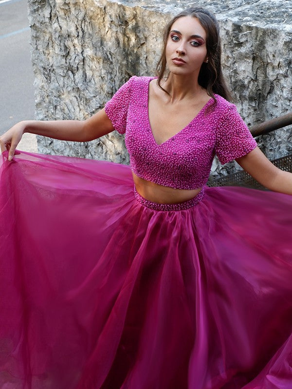 Vestido de fiesta de dos piezas de tul, corte princesa, escote en V, abalorios, mangas cortas, largo hasta el suelo, vestido de noche