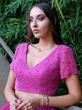 Vestido de fiesta de dos piezas de tul, corte princesa, escote en V, abalorios, mangas cortas, largo hasta el suelo, vestido de noche