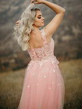 Vestido de noche de fiesta de corte A/princesa de tul sin mangas con escote en forma de corazón y apliques hasta el suelo