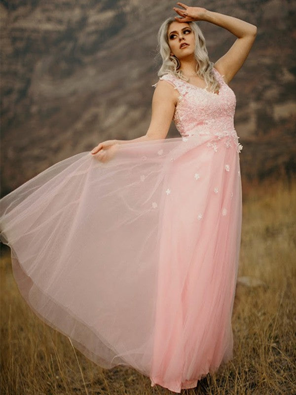 Vestido de noche de fiesta de corte A/princesa de tul sin mangas con escote en forma de corazón y apliques hasta el suelo