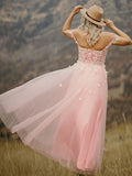 Vestido de noche de fiesta de corte A/princesa de tul sin mangas con escote en forma de corazón y apliques hasta el suelo