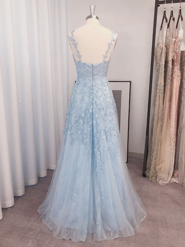 A-Linie/Princess-Linie Ärmellos V-Ausschnitt Applikationen Tüll Bodenlang Kleider Ballkleid