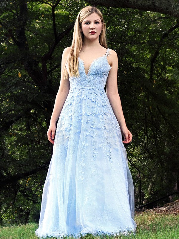 A-Linie/Princess-Linie Ärmellos V-Ausschnitt Applikationen Tüll Bodenlang Kleider Ballkleid