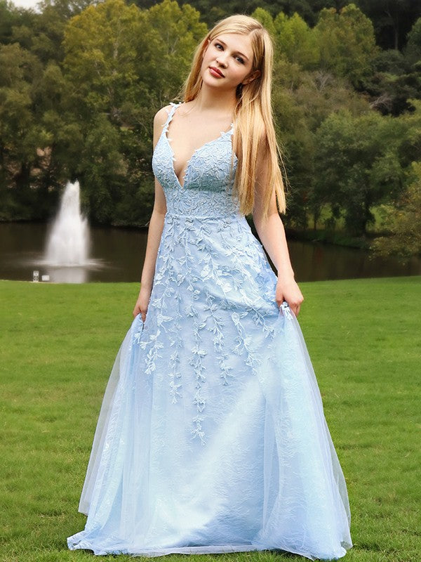 A-Linie/Princess-Linie Ärmellos V-Ausschnitt Applikationen Tüll Bodenlang Kleider Ballkleid