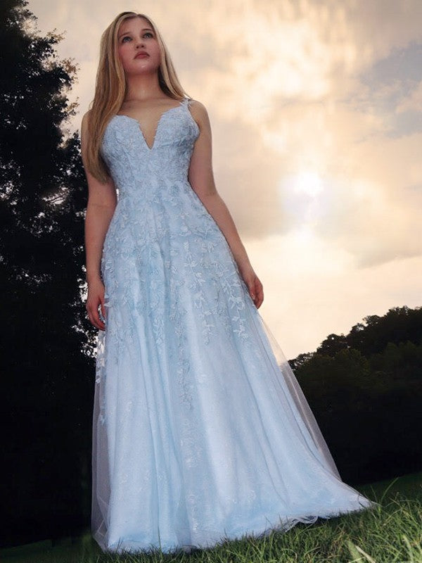 A-Linie/Princess-Linie Ärmellos V-Ausschnitt Applikationen Tüll Bodenlang Kleider Ballkleid