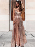 Vestido de noche de graduación con lentejuelas, tirantes finos, sin mangas, fruncido, largo hasta el suelo