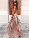 Vestido de noche de graduación con lentejuelas, tirantes finos, sin mangas, fruncido, largo hasta el suelo