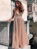 Vestido de noche de graduación con lentejuelas, tirantes finos, sin mangas, fruncido, largo hasta el suelo