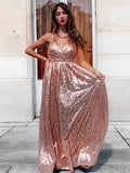 Vestido de noche de graduación con lentejuelas, tirantes finos, sin mangas, fruncido, largo hasta el suelo