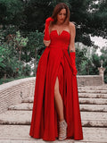 Vestido de noche de graduación de corte A/princesa, de satén, con volantes, escote corazón, sin mangas y largo hasta el suelo