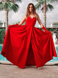 Vestido de noche de graduación de corte A/princesa, de satén, con volantes, escote corazón, sin mangas y largo hasta el suelo