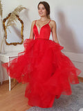 A-Linie/Princess-Linie Tüll Lagen Spaghettiträger Ärmellos Bodenlang Kleider Ballkleid Abendkleid
