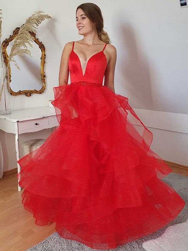 A-Linie/Princess-Linie Tüll Lagen Spaghettiträger Ärmellos Bodenlang Kleider Ballkleid Abendkleid