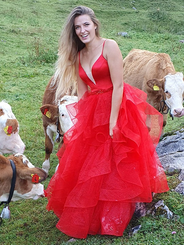 A-Linie/Princess-Linie Tüll Lagen Spaghettiträger Ärmellos Bodenlang Kleider Ballkleid Abendkleid