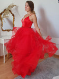 A-Linie/Princess-Linie Tüll Lagen Spaghettiträger Ärmellos Bodenlang Kleider Ballkleid Abendkleid
