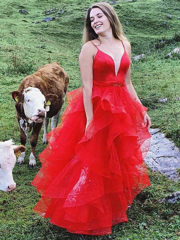 A-Linie/Princess-Linie Tüll Lagen Spaghettiträger Ärmellos Bodenlang Kleider Ballkleid Abendkleid