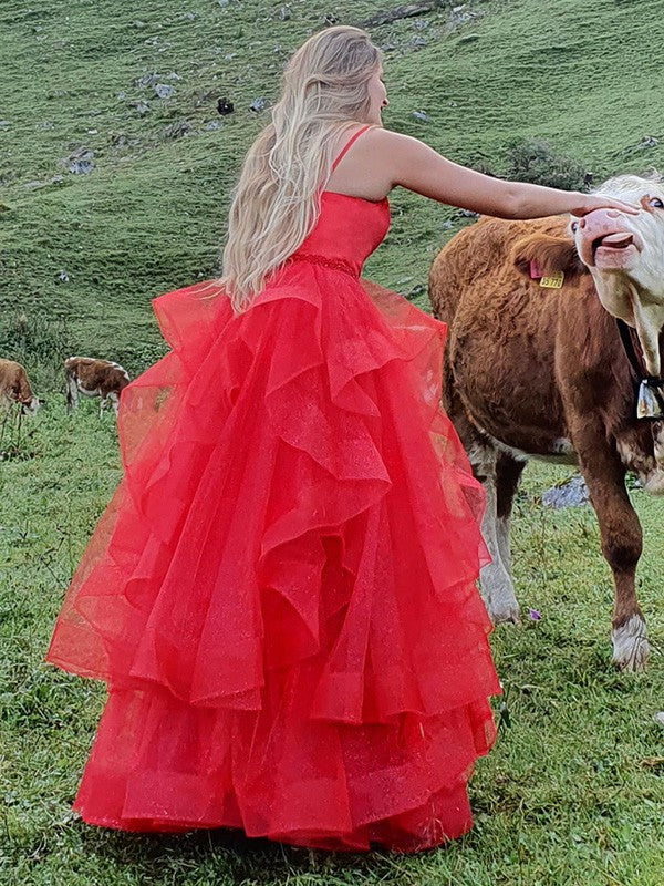 A-Linie/Princess-Linie Tüll Lagen Spaghettiträger Ärmellos Bodenlang Kleider Ballkleid Abendkleid