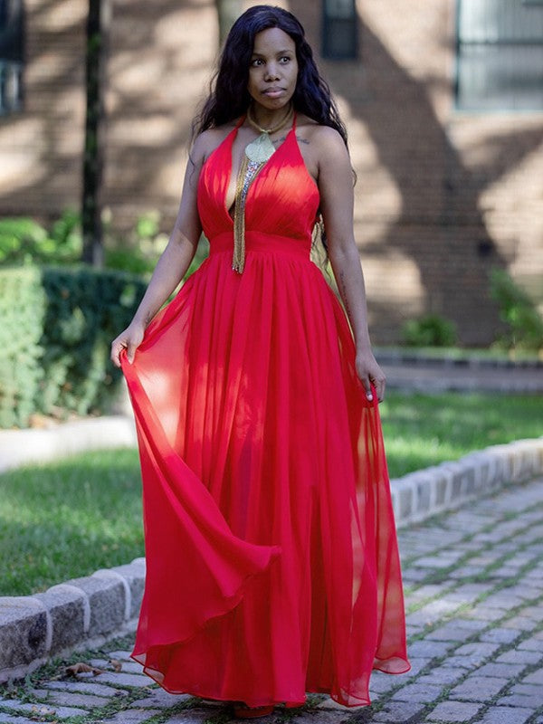 Vestido de noche de graduación de corte A/princesa, de gasa, con volantes, tirantes finos, sin mangas y largo hasta el suelo