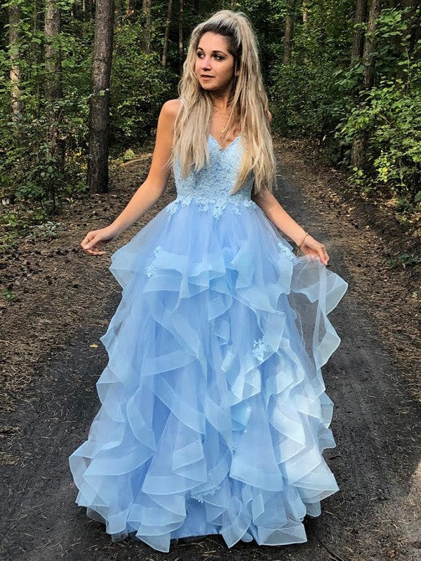 Vestido de noche de graduación con corte A/princesa, tirantes finos, sin mangas, apliques de tul, largo hasta el suelo