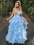 Vestido de noche de graduación con corte A/princesa, tirantes finos, sin mangas, apliques de tul, largo hasta el suelo
