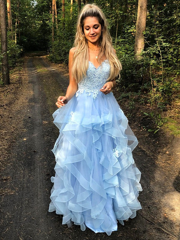 Vestido de noche de graduación con corte A/princesa, tirantes finos, sin mangas, apliques de tul, largo hasta el suelo