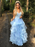 Vestido de noche de graduación con corte A/princesa, tirantes finos, sin mangas, apliques de tul, largo hasta el suelo