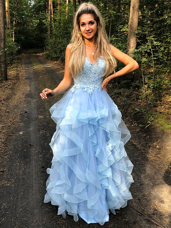 Vestido de noche de graduación con corte A/princesa, tirantes finos, sin mangas, apliques de tul, largo hasta el suelo