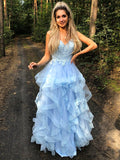 Vestido de noche de graduación con corte A/princesa, tirantes finos, sin mangas, apliques de tul, largo hasta el suelo