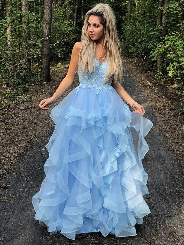 Vestido de noche de graduación con corte A/princesa, tirantes finos, sin mangas, apliques de tul, largo hasta el suelo