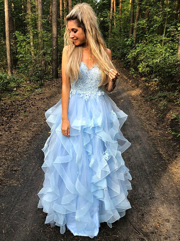 Vestido de noche de graduación con corte A/princesa, tirantes finos, sin mangas, apliques de tul, largo hasta el suelo