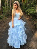 Vestido de noche de graduación con corte A/princesa, tirantes finos, sin mangas, apliques de tul, largo hasta el suelo