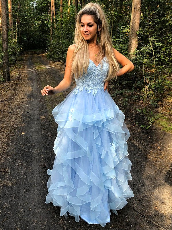 Vestido de noche de graduación con corte A/princesa, tirantes finos, sin mangas, apliques de tul, largo hasta el suelo