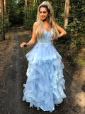 Vestido de noche de graduación con corte A/princesa, tirantes finos, sin mangas, apliques de tul, largo hasta el suelo