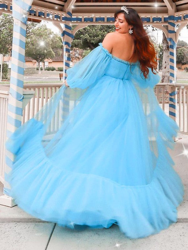 Vestido de noche de graduación con corte A/princesa, hombros descubiertos, apliques de tul, mangas largas y largo hasta el suelo