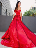 Vestido de noche de graduación con corte A/princesa, sin mangas, con volantes y satén, hombros descubiertos y cola larga