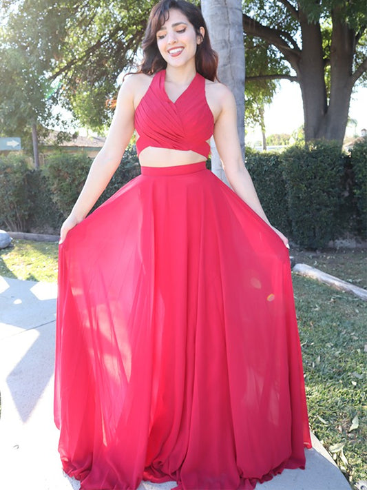 Vestido de fiesta de noche de dos piezas con corte A/princesa, cuello halter, de gasa, fruncido, sin mangas, largo hasta el suelo