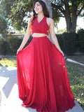 Vestido de fiesta de noche de dos piezas con corte A/princesa, cuello halter, de gasa, fruncido, sin mangas, largo hasta el suelo