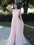 Vestido de noche de graduación de corte A/princesa, sin mangas, escote redondo, de gasa, con apliques y largo hasta el suelo