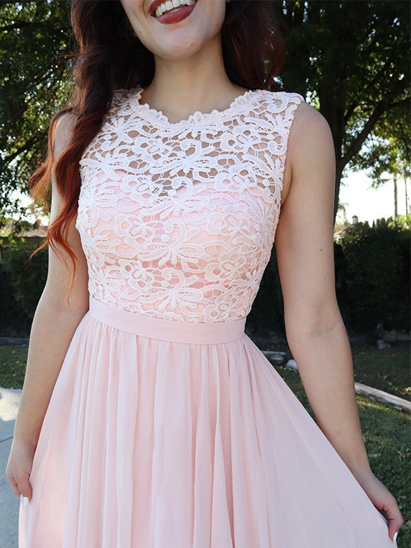 Vestido de noche de graduación de corte A/princesa, sin mangas, escote redondo, de gasa, con apliques y largo hasta el suelo