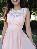 Vestido de noche de graduación de corte A/princesa, sin mangas, escote redondo, de gasa, con apliques y largo hasta el suelo