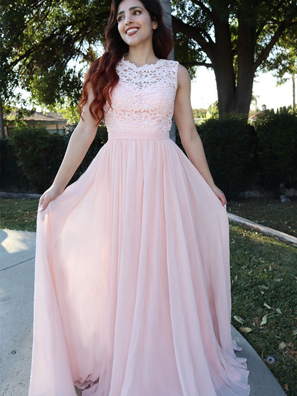 Vestido de noche de graduación de corte A/princesa, sin mangas, escote redondo, de gasa, con apliques y largo hasta el suelo