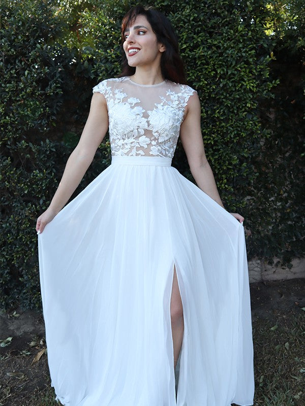 Vestido de noche de graduación con corte A/princesa, mangas cortas, apliques, escote redondo de gasa y cola larga