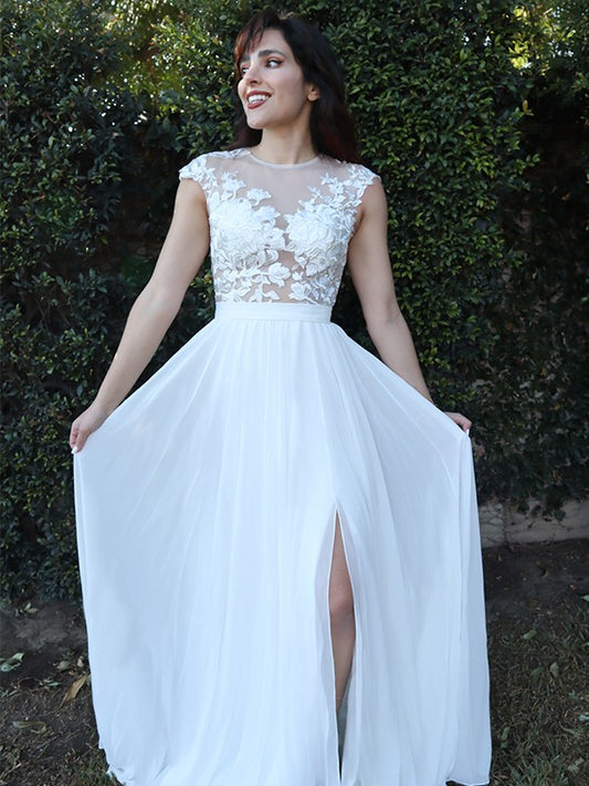 A-Line/Princess Short Sleeves Applique Scoop Chiffon Sweep/Brush Train Dresses Wedding Dresses Bridal Gowns