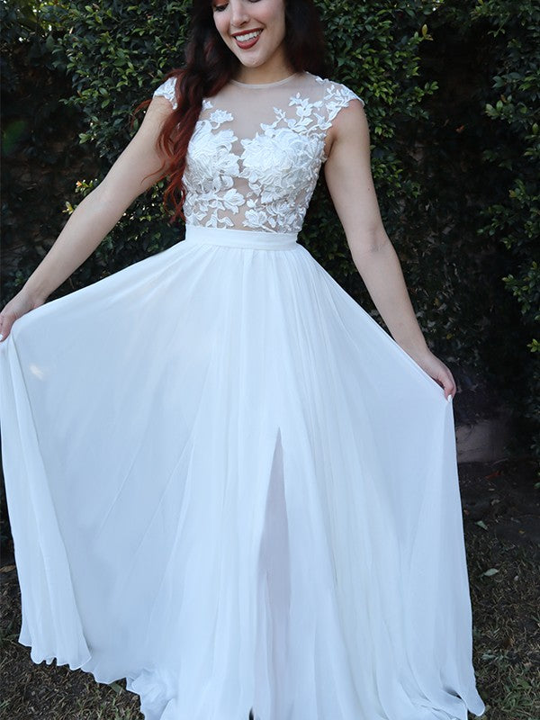 Vestido de noche de graduación con corte A/princesa, mangas cortas, apliques, escote redondo de gasa y cola larga