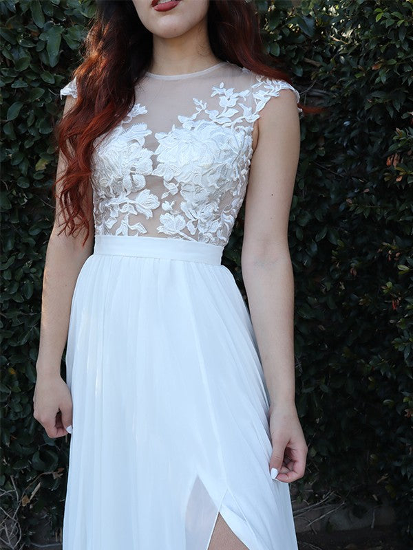 Vestido de noche de graduación con corte A/princesa, mangas cortas, apliques, escote redondo de gasa y cola larga