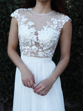 Vestido de noche de graduación con corte A/princesa, mangas cortas, apliques, escote redondo de gasa y cola larga