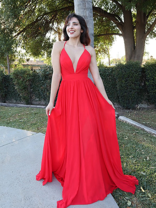 Vestido de noche de graduación de corte A/princesa, de gasa, con tirantes finos, volantes, sin mangas y largo hasta el suelo
