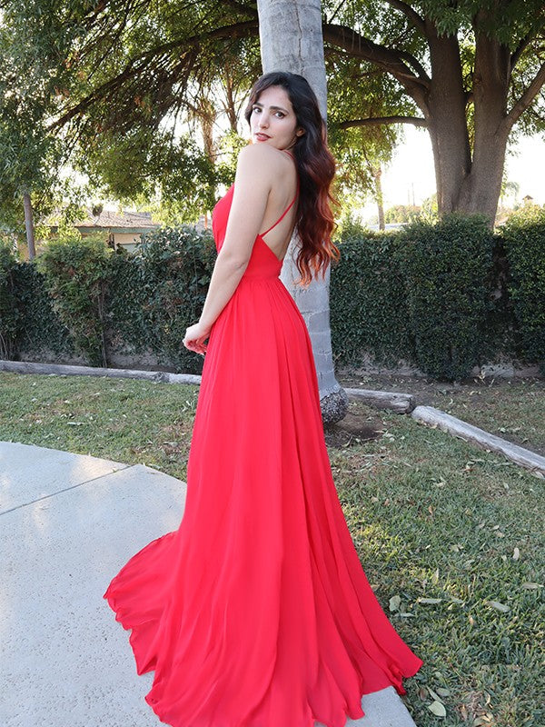 Vestido de noche de graduación de corte A/princesa, de gasa, con tirantes finos, volantes, sin mangas y largo hasta el suelo