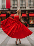 Vestido de fiesta de satén con corte A/princesa, cuadrado, con lazo, sin mangas, largo hasta la rodilla